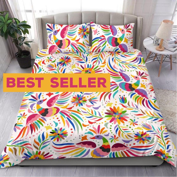 Pretty colorful Mexican  bed set, pink purple yellow and blue floral and bird ornamental designer pattern, white bedding set