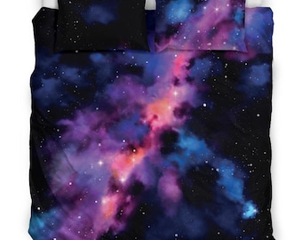 Galaxy Nebula Bedding Set – Purple Pink Aurora Duvet Cover, Starry Night Sky Bed Set, Space Tie Dye Bedding, Modern Cosmic Decor