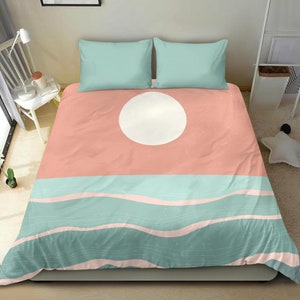 Perfect Full Moon on a Pink Sky, day at the beach with amazing ocean waves poster bedding set