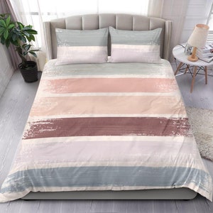 Earth tone brush strokes bedding set duvet cover, Pastel pink blue purple and green brushed stripes for a elegant artistic bedroom decor
