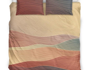 Japanese Wave Pattern Bedding Set – Red & Orange Seigaiha Design, Oriental Duvet Cover with Geometric Lines
