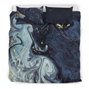 Abstract Blue & Gold Bedding Set – Fluid Artistic Duvet Cover, Navy Soft Blue with Golden Accents, Modern Bedroom Decor, Queen/King Sizes
