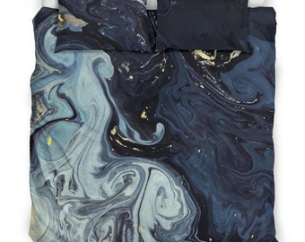 Abstract Blue & Gold Bedding Set – Fluid Artistic Duvet Cover, Navy Soft Blue with Golden Accents, Modern Bedroom Decor, Queen/King Sizes