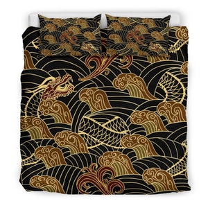 Black Japanese Dragon Bedding Set – Oriental Duvet Cover, Gold Wave Pattern, Luxurious Polyester, Asian Decor, King Queen, Cozy Gift