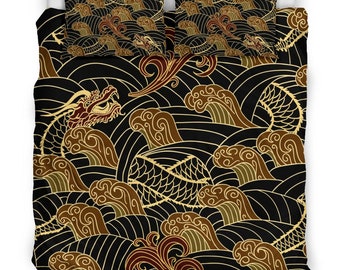 Black Japanese Dragon Bedding Set – Oriental Duvet Cover, Gold Wave Pattern, Luxurious Polyester, Asian Decor, King Queen, Cozy Gift
