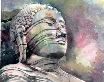 Buddha statue painting,Handmade watercolor painting,Buddha art print,Watercolor print,Buddha wall art