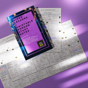 May include: A purple background with a pink and black booklet titled "Video Lessons + Printable Korean Study Notes". The booklet is open to reveal the text "Reviewing: Particles, Sentence Parts, Sentence Patterns, Speech Styles, Subject Pronouns, Common Mistakes". The booklet is on top of several white sheets of paper with text and tables. The text on the sheets of paper includes "Grammar Reference Packet", "Sentence Components", "Particles Review", and "Sentence Components - Part 1".
