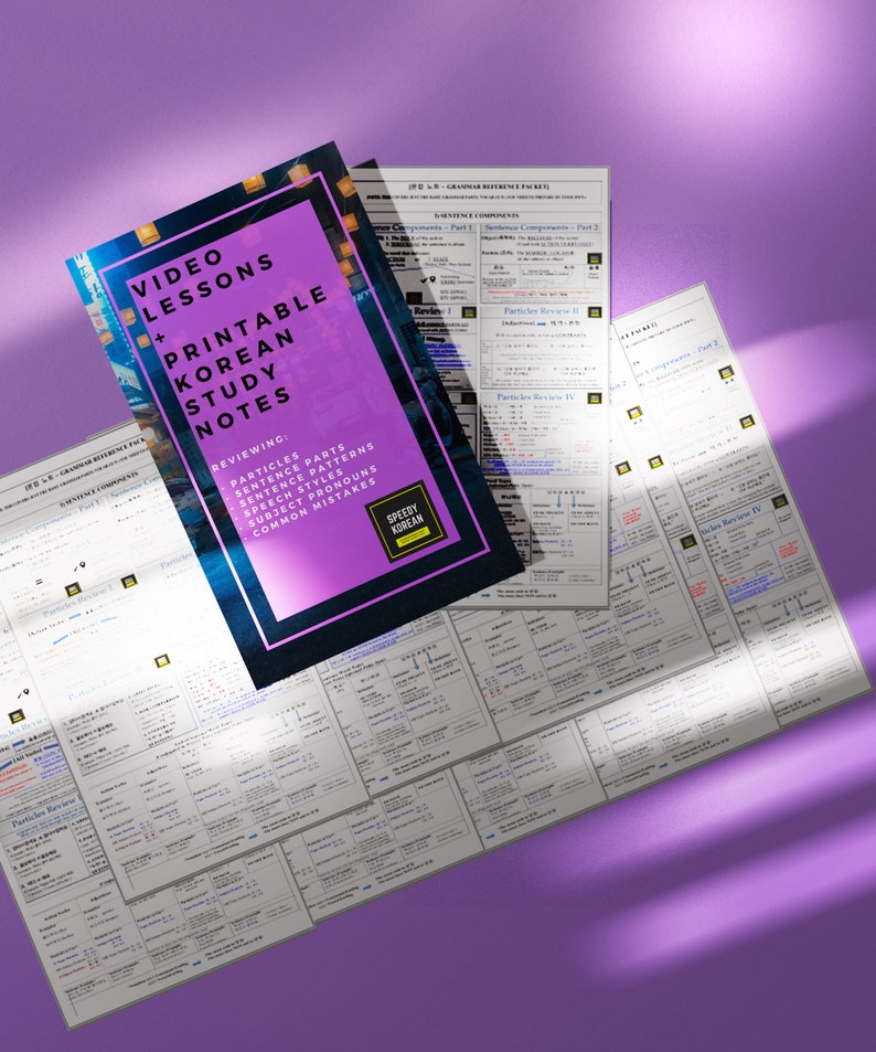 May include: A purple background with a pink and black booklet titled "Video Lessons + Printable Korean Study Notes". The booklet is open to reveal the text "Reviewing: Particles, Sentence Parts, Sentence Patterns, Speech Styles, Subject Pronouns, Common Mistakes". The booklet is on top of several white sheets of paper with text and tables. The text on the sheets of paper includes "Grammar Reference Packet", "Sentence Components", "Particles Review", and "Sentence Components - Part 1".
