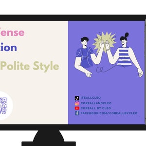 May include: A computer screen displaying a lesson on Korean grammar, specifically present tense conjugation in informal polite style. The screen also includes a logo and QR code for the website "Coreall by Cleo". A phone screen shows a woman teaching the lesson.