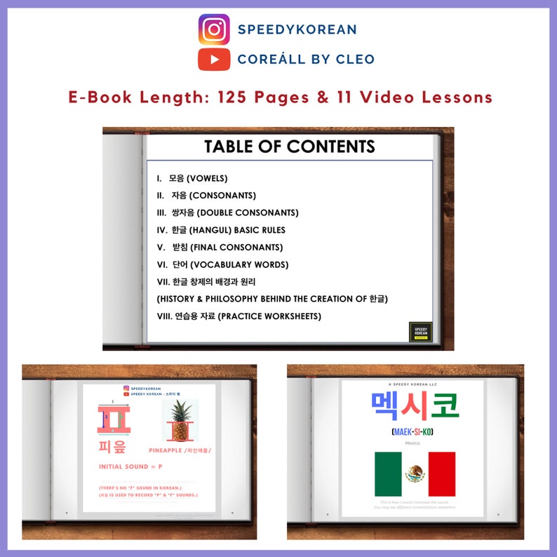 May include: A table of contents for a Korean language learning book. The book includes lessons on vowels, consonants, double consonants, Hangul basic rules, final consonants, vocabulary words, the history and philosophy behind the creation of Hangul, and practice worksheets. The book is 125 pages long and includes 11 video lessons.