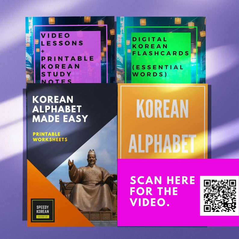 May include: A set of four colorful printable Korean language learning resources. The resources include video lessons, printable Korean study notes, digital Korean flashcards with essential words, and a printable Korean alphabet worksheet. A QR code is included to scan for a video.