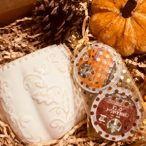 May include: A white ceramic mug with a raised pumpkin-shaped texture, a pinecone, a small orange velvet pumpkin, and a gold-dotted organza bag containing two Starbucks coffee pods, one labeled Pumpkin Spice and one labeled Cinnamon Dolce.