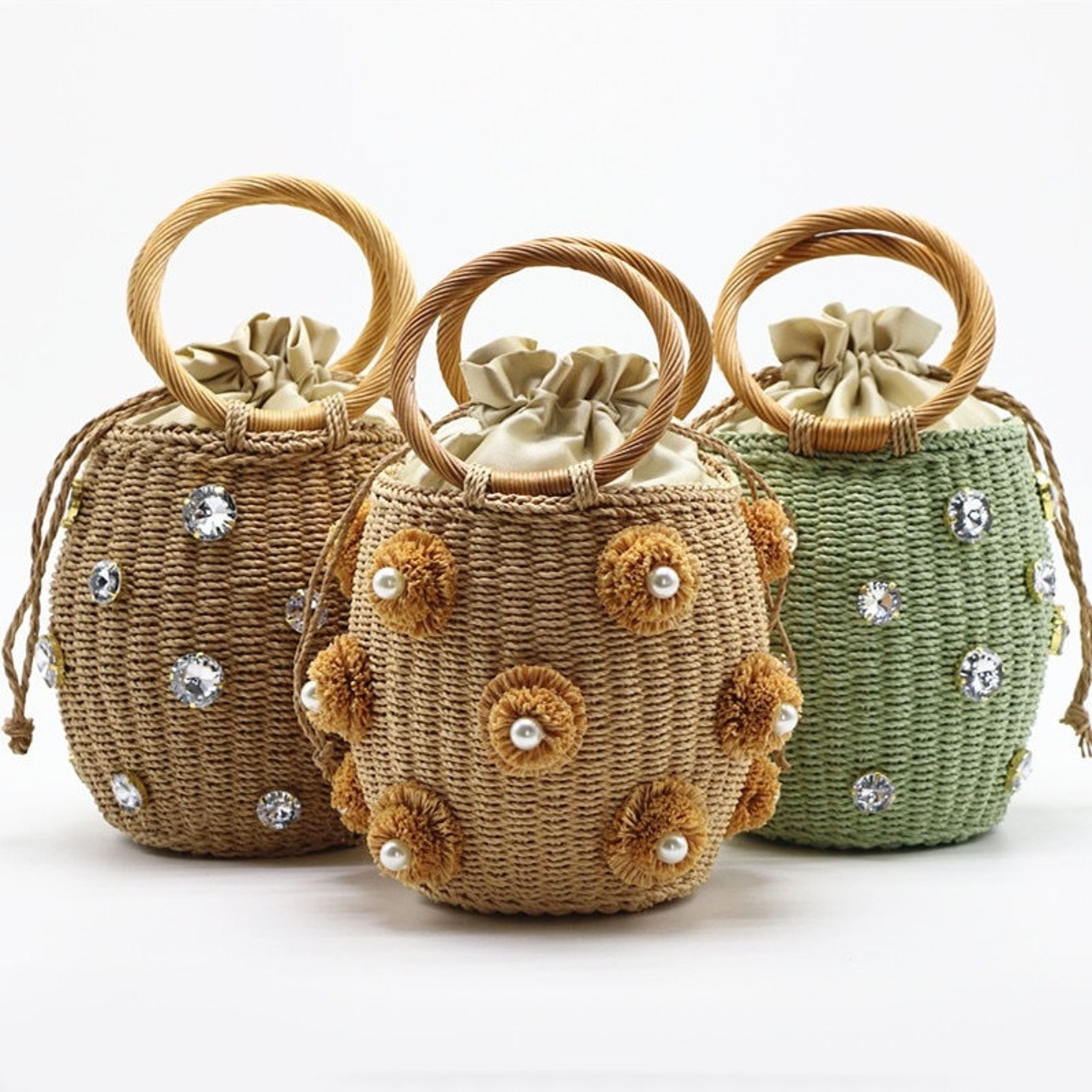 Handmade Rhinestone Crystal Embellished Straw Bag Small Straw Etsy