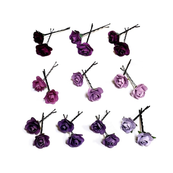 Small Purple Rose Hair Pins, Shades Of Purple Small Flower Bobby Pins, Minimalist Hairpins, Mulberry Paper Rose Hair Accessories- Set Of 4