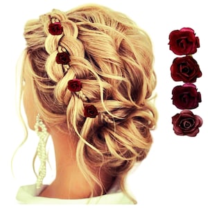 Small Wine Color Rose Hairpins, Minimalist Burgundy Flower Hairclips, Delicate Mulberry Paper Mini Rose Hair Pins - Includes 1