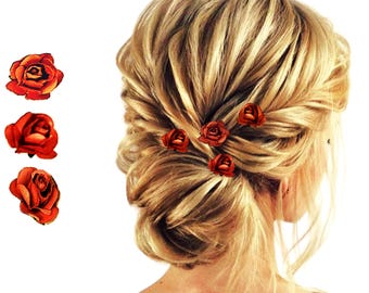 Burnt orange hairclips minimalist small flower hairpins, Rust orange mini rose hair pins mulberry paper flower hair accessories - includes 1