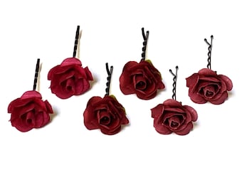 Wine Mini Rose Hairpins — Burgundy Flower Bobby Pins — Handmade Mulberry Paper Hair Accessories — Set of 4