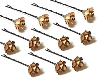 Gold Small Flower Hair Pins, Minimalist Wedding Hairpins, Gold Mini Rose Hairclips, Gold Decorative Hair Flowers, Set of 4