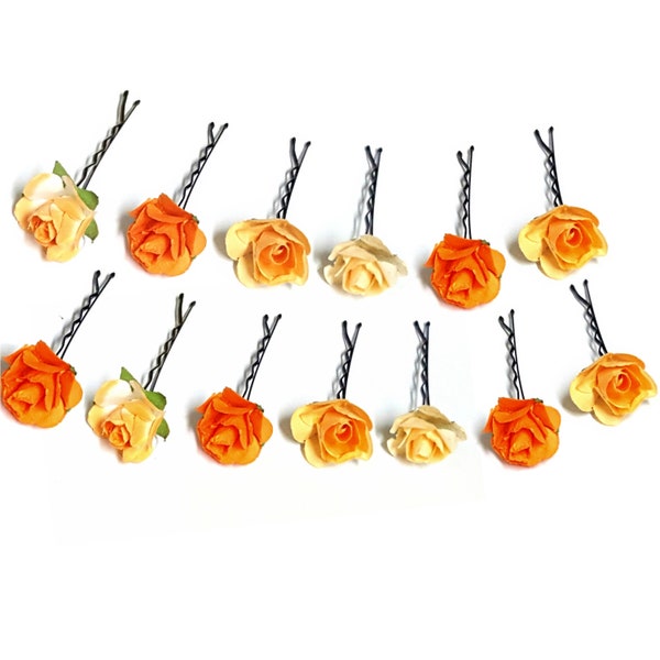 Orange Flower Hairpins, Floral Hair Piece, Mini Flower Hair Pins, Peach Hair Accessories, Small Mulberry Paper Rose Hairpins
