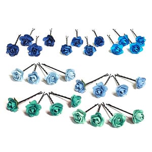 Blue Tiny Rose Hair Pins — Handmade Minimalist Hair Accessories — Set of 4