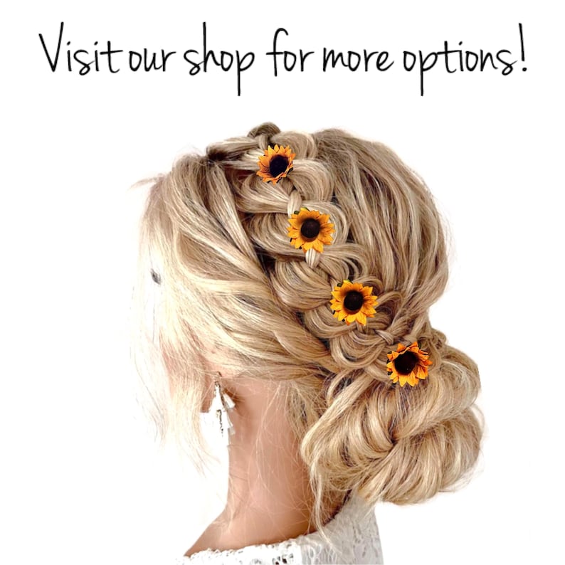 May include: A woman with blonde hair wearing a braid with five small sunflower hair clips. The sunflower hair clips are yellow with brown centers.