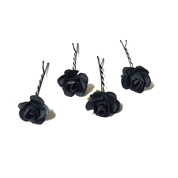 Black small flower hair pins minimalist wedding hairpins, Black mulberry paper mini rose hairclips decorative hair flowers - Set of 4