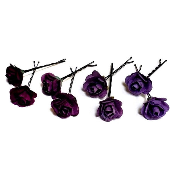 Eggplant Hair Pins Plum Mini Rose Hairpins, Minimalist Flower Hair Accessories, Dark Purple Mulberry Paper Rose Hair Pins, Set Of 4