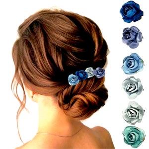 Minimalist Blue Flower Hair Clips, Dusty Blue Mulberry Paper Mini Rose Hair Pins, Small Blue Rose Bobby Pins for Bun Updo - Includes 1