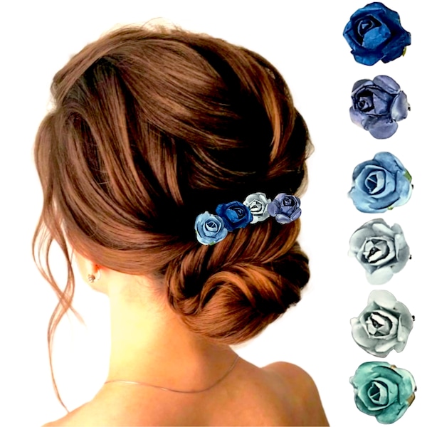 Minimalist Blue Flower Hair Clips, Dusty Blue Hair Pins, Small Blue Rose Bobby Pins for Bun Updo, Mulberry Paper Mini Rose Hair Accessories