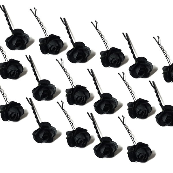 Black Small Flower Hair Pins, Minimalist Wedding Hairpins, Black Mini Rose Hairclips, Black Decorative Hair Flowers, Set of 4