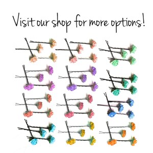 May include: Assortment of 30 hair clips with small fabric flowers in various colors, including peach, lavender, mint green, blue, and yellow.  The hair clips are arranged in rows of three.