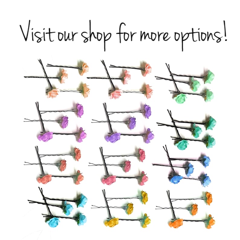 May include: Assortment of 30 hair clips with small fabric flowers in various colors, including peach, lavender, mint green, blue, and yellow.  The hair clips are arranged in rows of three.