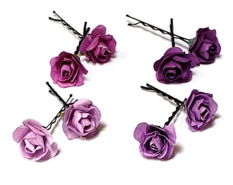 Purple Rose Hairpin, Minimalist Bridal Hairpin, Purple Flower Hair Piece, Small Flower Hairpins, Mini Mulberry Paper Rose Hairpins, Set Of 4