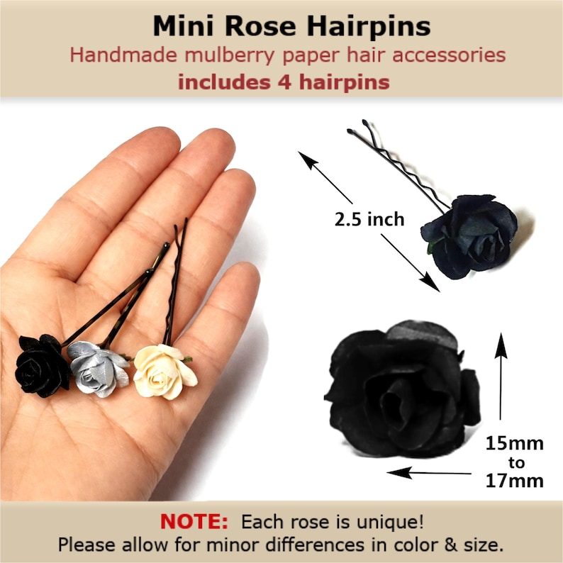 Black small flower hair pins minimalist wedding hairpins, Black mulberry paper mini rose hairclips decorative hair flowers - Set of 4 image 4