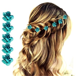Teal Miniature Rose Bobby Pins, Teal Flower Hair Pins, Teal Paper Rose Wedding Hair Pins, Minimalist Teal Bridal Hairclips - Includes 1