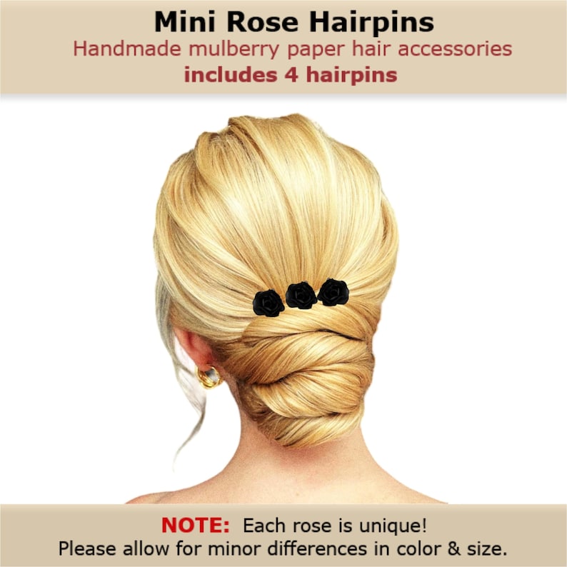 Black small flower hair pins minimalist wedding hairpins, Black mulberry paper mini rose hairclips decorative hair flowers - Set of 4 image 2
