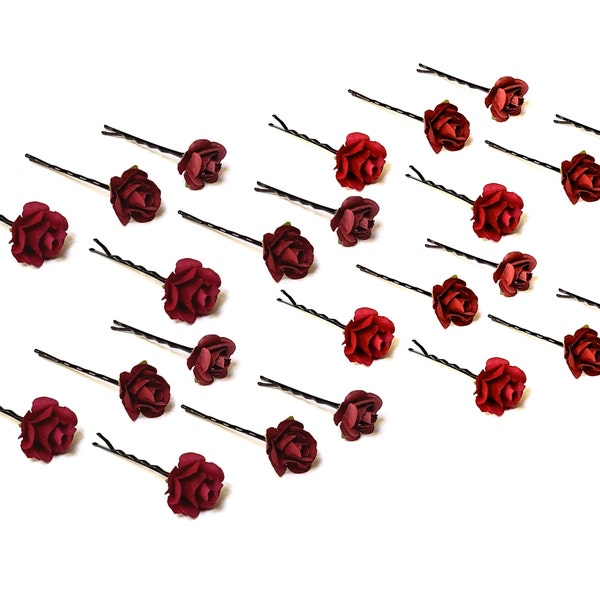 Red Flower Hair Pins Small Burgundy Hairclips Wine Hair Flowers Decorative Mini Red Rose Hair Piece Tiny Burgundy Hairpins, Set of 4