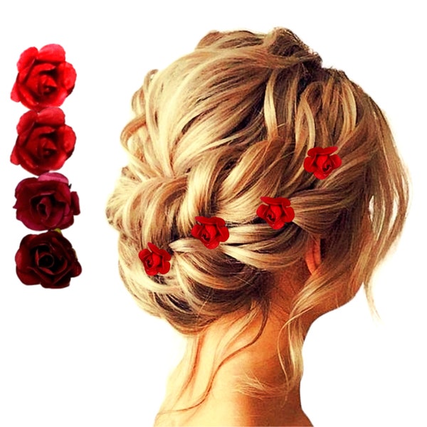 Petite Red Flower Hair Pins for Up-do Hairstyle Minimalist Hair Decoration Burgundy Rose Hair Clips, Delicate Mulberry Paper Rose Hairclips.