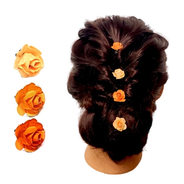 Minimalist Orange Hair Clips Small Flower Hair Pins Orange Decorative Mini Rose Bobby Pins, Orange Mulberry Paper Rose Hair Accessories