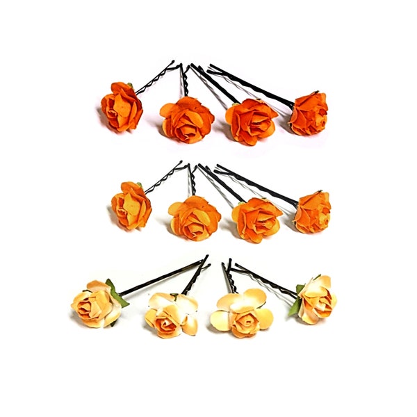 Mini Orange Rose Hair Pins, Small Orange Flower Hair Clips, Mini Flower Hairpin, Small Flower Pins, Mulberry Paper Rose Hairpins, Set Of 4