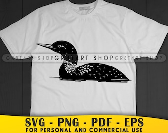 May include: White t-shirt featuring a black and white graphic of a loon floating on water. The loon has a detailed design with a long beak and dotted patterns. The text "SVG - PNG - PDF - EPS" is at the bottom.