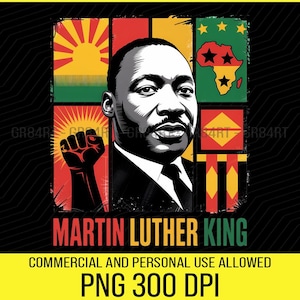 Op de afbeelding: Een grafisch ontwerp met Martin Luther King Jr. in een zwart-wit portret, tegen een achtergrond van rode, groene, gele en zwarte panelen. Het ontwerp bevat een vuist en de tekst "Martin Luther King".
