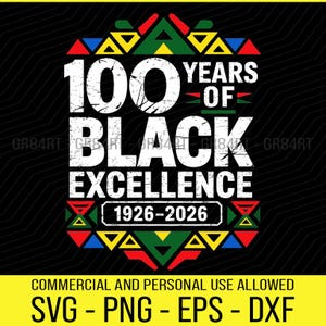Könnte beinhalten: Schwarzes Grafikdesign mit dem Text "100 Years of Black Excellence 1926-2026". Das Design enthält farbenfrohe geometrische Formen in Rot, Grün, Gelb und Blau. Der untere Teil zeigt "Commercial and Personal Use Allowed" und Dateityp-Optionen.