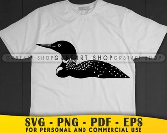 May include: A white short-sleeve t-shirt featuring a black graphic of a loon bird with white spots. The text GR8T4RT SHOP is repeated across the center. The bottom yellow banner displays the text SVG - PNG - PDF - EPS FOR PERSONAL AND COMMERCIAL USE.