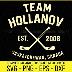 May include: Black and yellow graphic with the text "TEAM HOLLANOV" above crossed hockey sticks. Below the sticks are the words "EST. 2008" and "SASKATCHEWAN, CANADA". The bottom banner reads "COMMERCIAL AND PERSONAL USE ALLOWED".