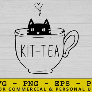 Puede incluir: Ilustración en blanco y negro de un gato en una taza de té. La taza tiene la inscripción "KIT-TEA", con un corazón en forma de vapor encima. Adecuado para uso comercial y personal.