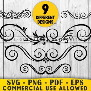 Könnte beinhalten: Schwarze dekorative Wirbeldesigns in verschiedenen Stilen. Das Bild enthält den Text "9 DIFFERENT DESIGNS" in einem gelben Kreis und "SVG - PNG - PDF - EPS COMMERCIAL USE ALLOWED" in einem gelben Banner.