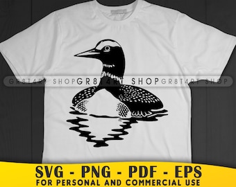 May include: White t-shirt featuring a black and white graphic of a loon floating on water. The loon is detailed with a black head, neck, and back, and a white belly. The shirt also includes the text "SVG - PNG - PDF - EPS FOR PERSONAL AND COMMERCIAL USE".