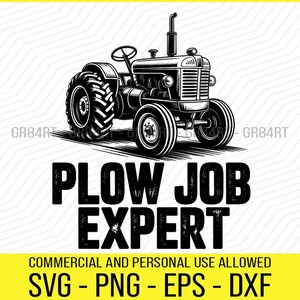 Puede incluir: Ilustración en blanco y negro de un tractor antiguo. La imagen incluye el texto "PLOW JOB EXPERT" en negrita. La parte inferior de la imagen muestra "COMMERCIAL AND PERSONAL USE ALLOWED" y opciones de tipo de archivo.