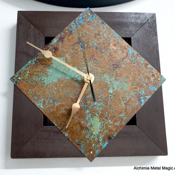 Handmade clock Copper vintage color wall clock 7.8" Turquoise rustic patina Etched copper sheet Industrial wall clock  Metal wall decor